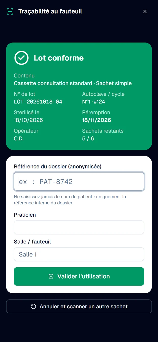 La fiche du lot scanné sur la tablette du fauteuil et le même verdict sur l'application Android du praticien.