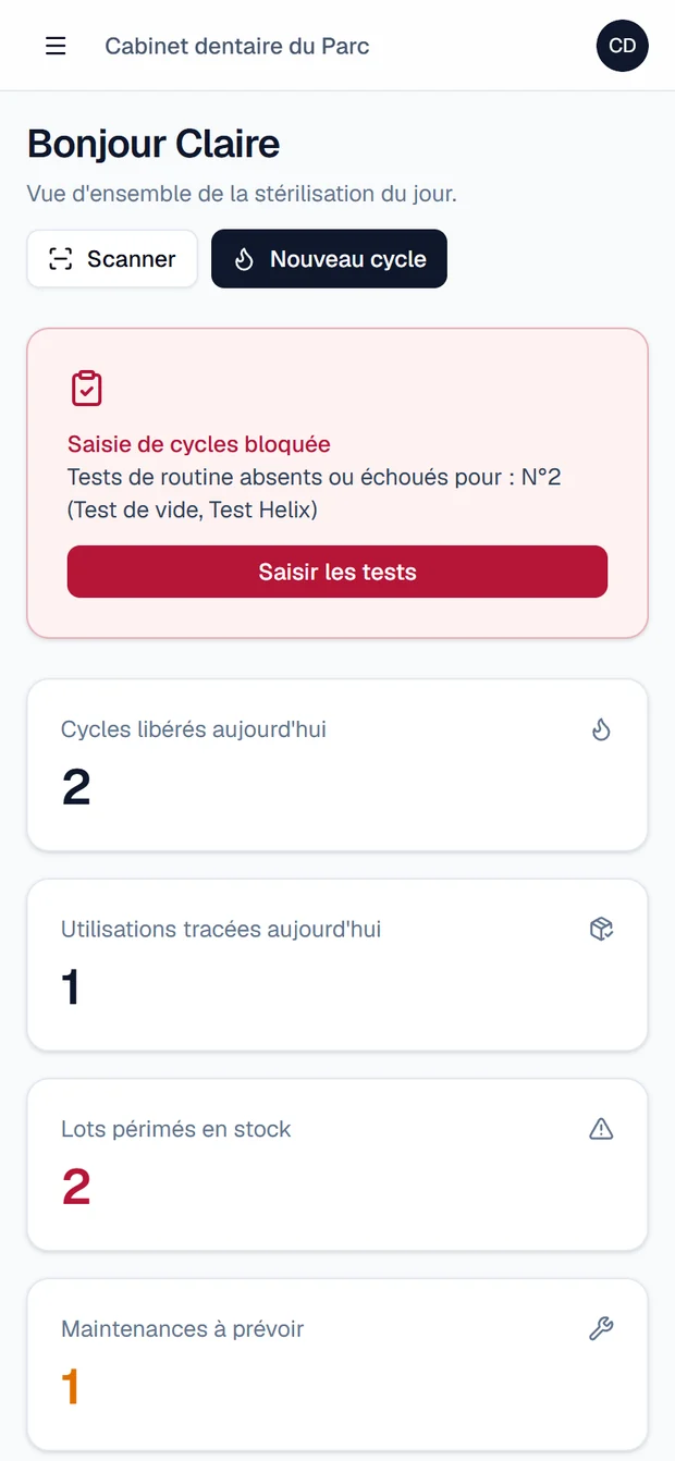 Tableau de bord du cabinet sur mobile