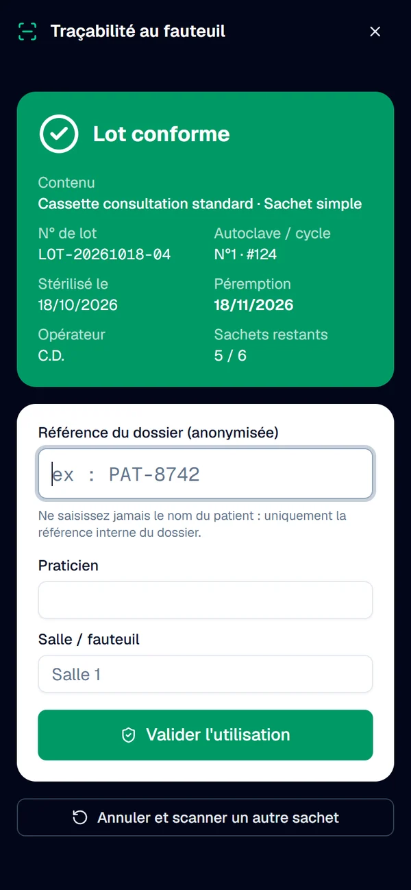 Le registre consultable sur ordinateur et le verdict de conformité affiché sur le smartphone du praticien